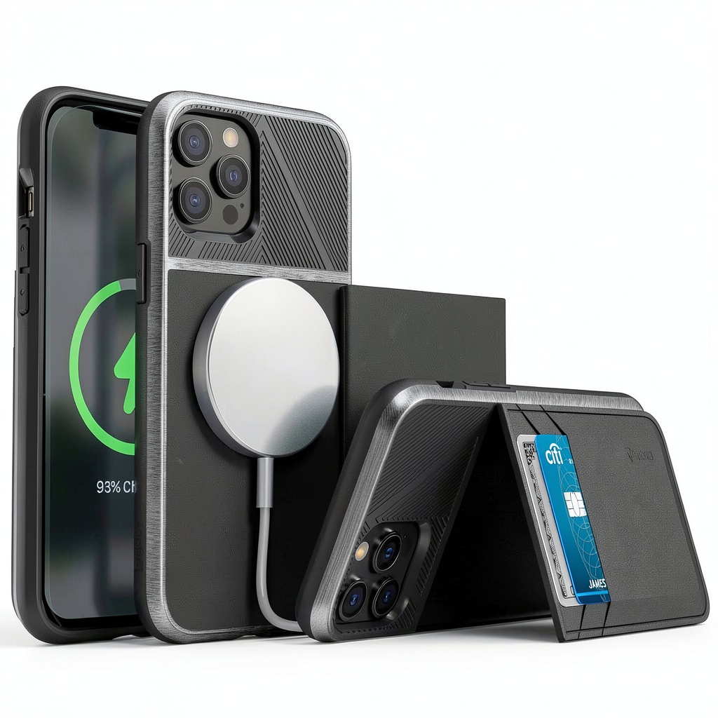 Vena iPhone 12 Pro Max Wallet Case shown open on a wooden desk with cards inserted and kickstand deployed