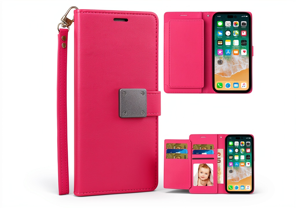 Entronix iPhone 15 wallet case showing color-mix pattern and card holder