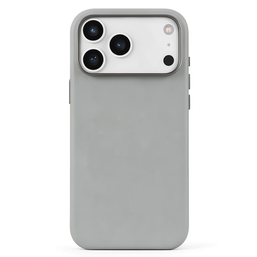 Apple iPhone 17 Pro Max vegan leather case in Sand Gray showing form-fitting design